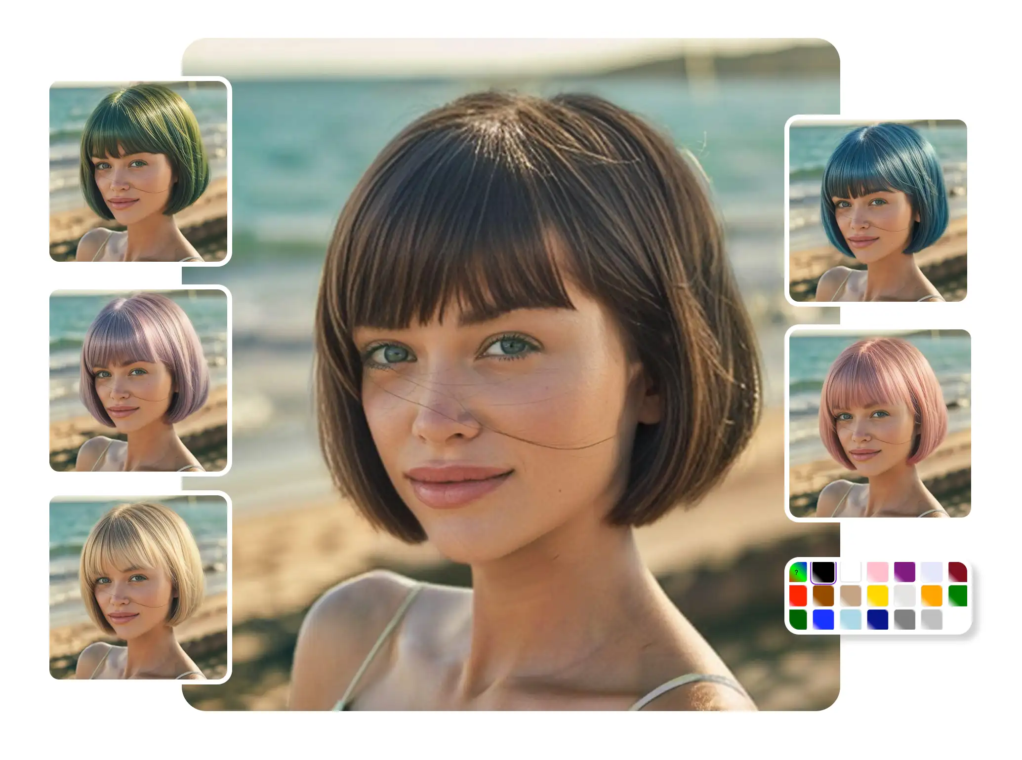 Group makeover with different color bob cuts - friends trying virtual hairstyles