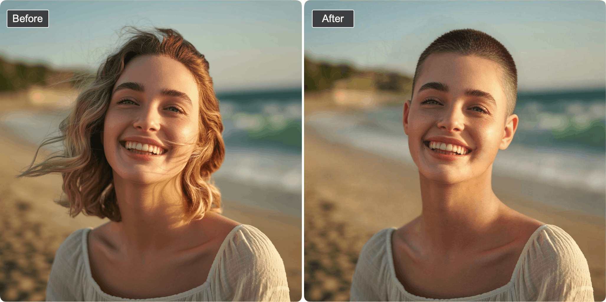 Fun buzz cut transformation - girl having fun with virtual hairstyle