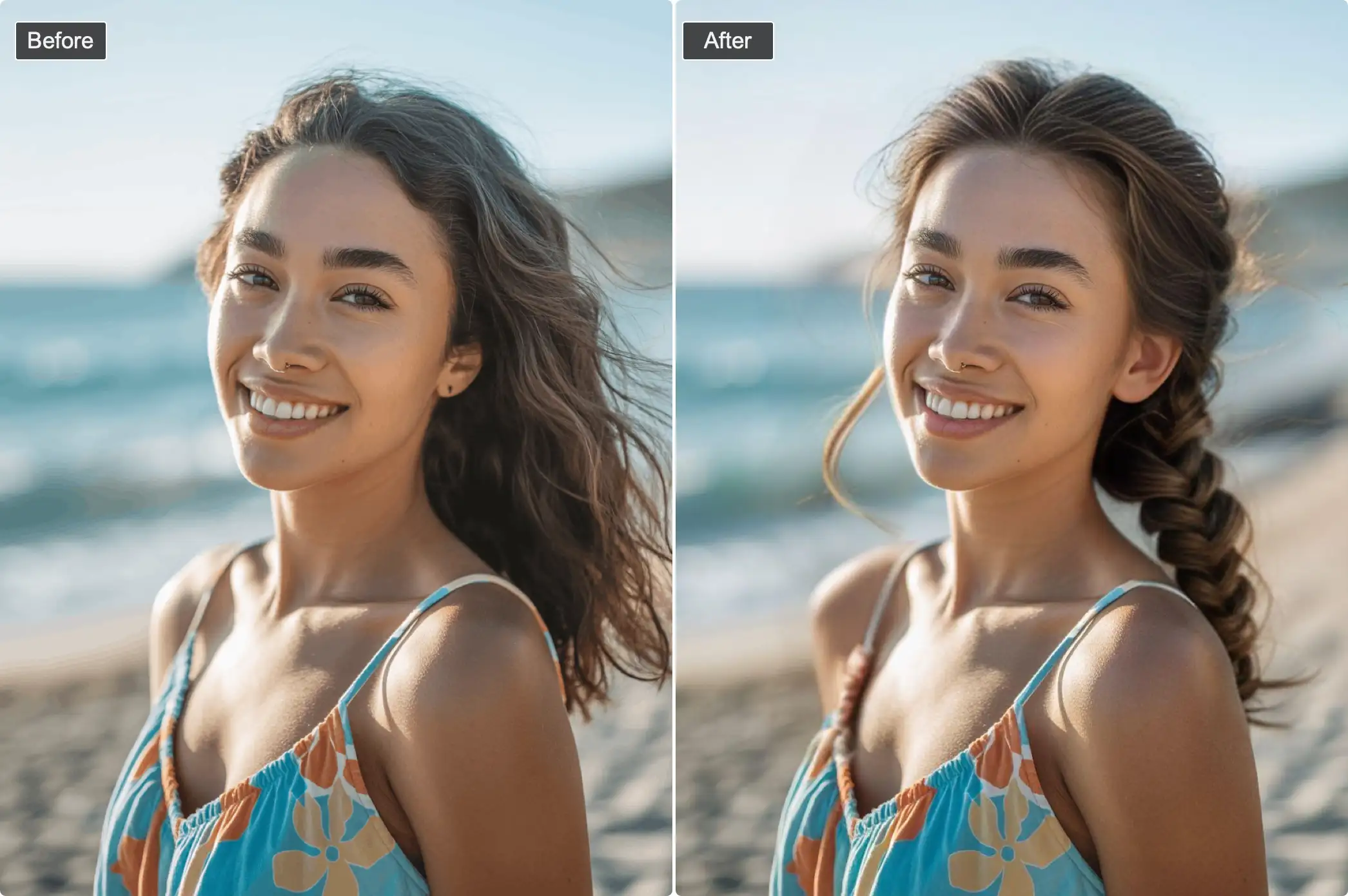 fishtail braid transformation - person before and after with braids