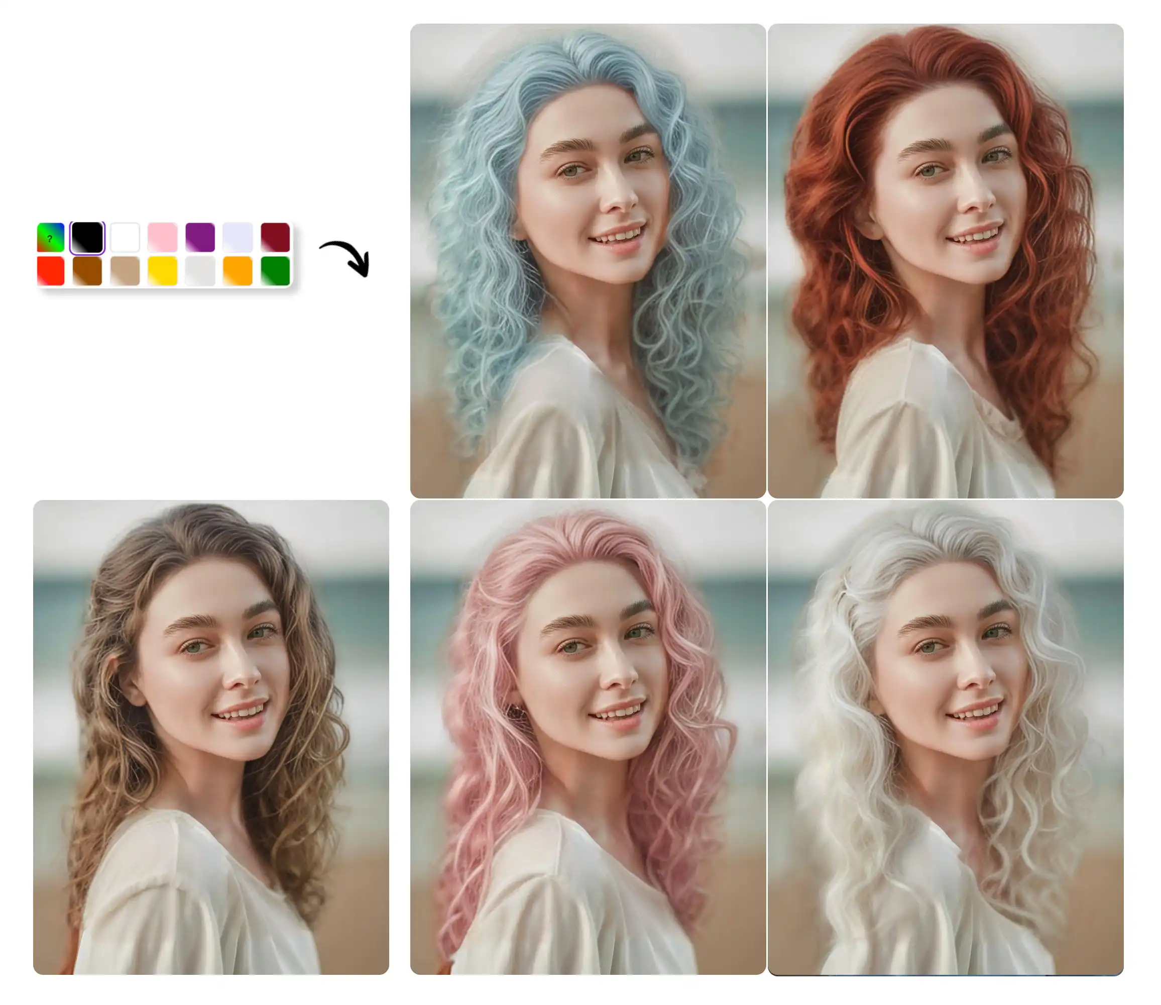 Women's hair color virtual try-on without damage