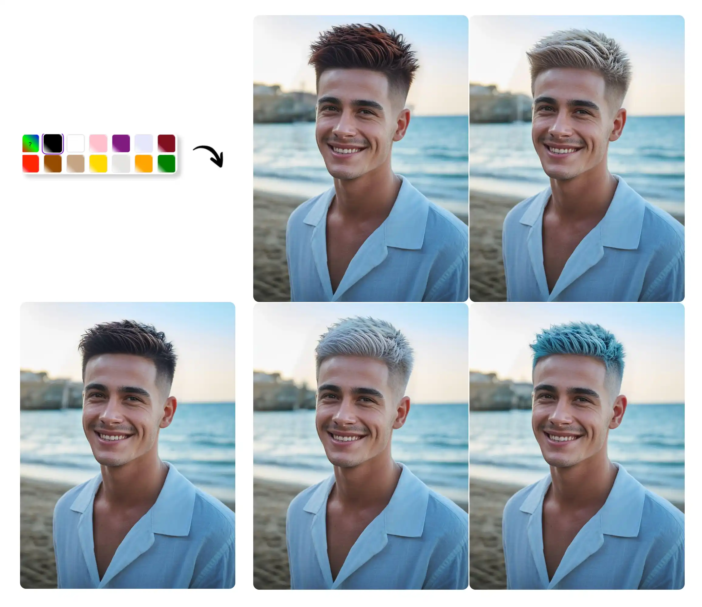 Men's hair color virtual try-on without damage