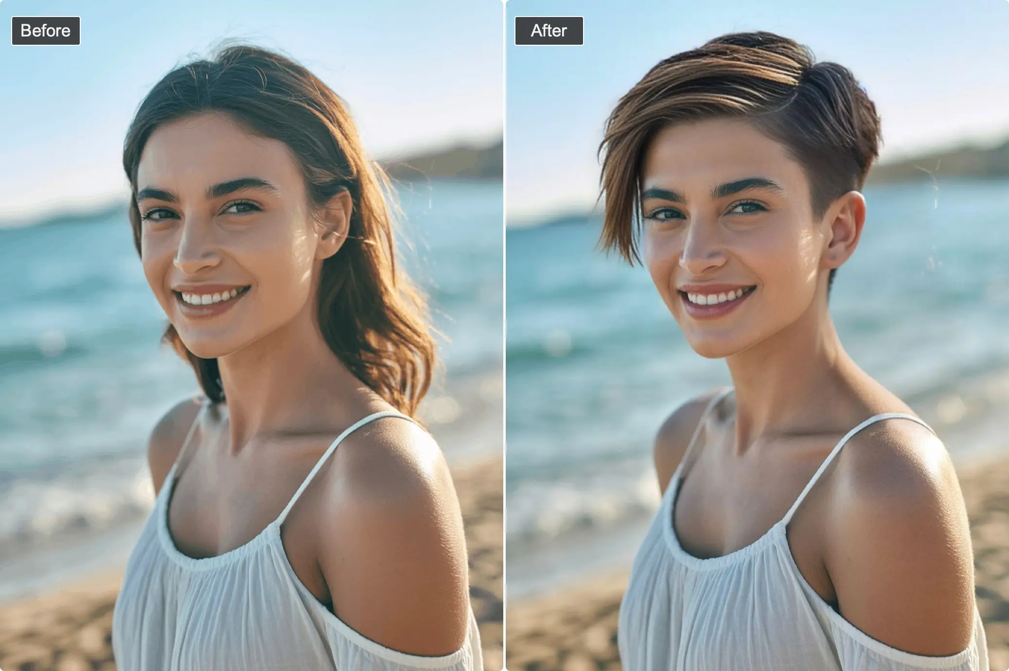 short pixie cut transformation - person before and after