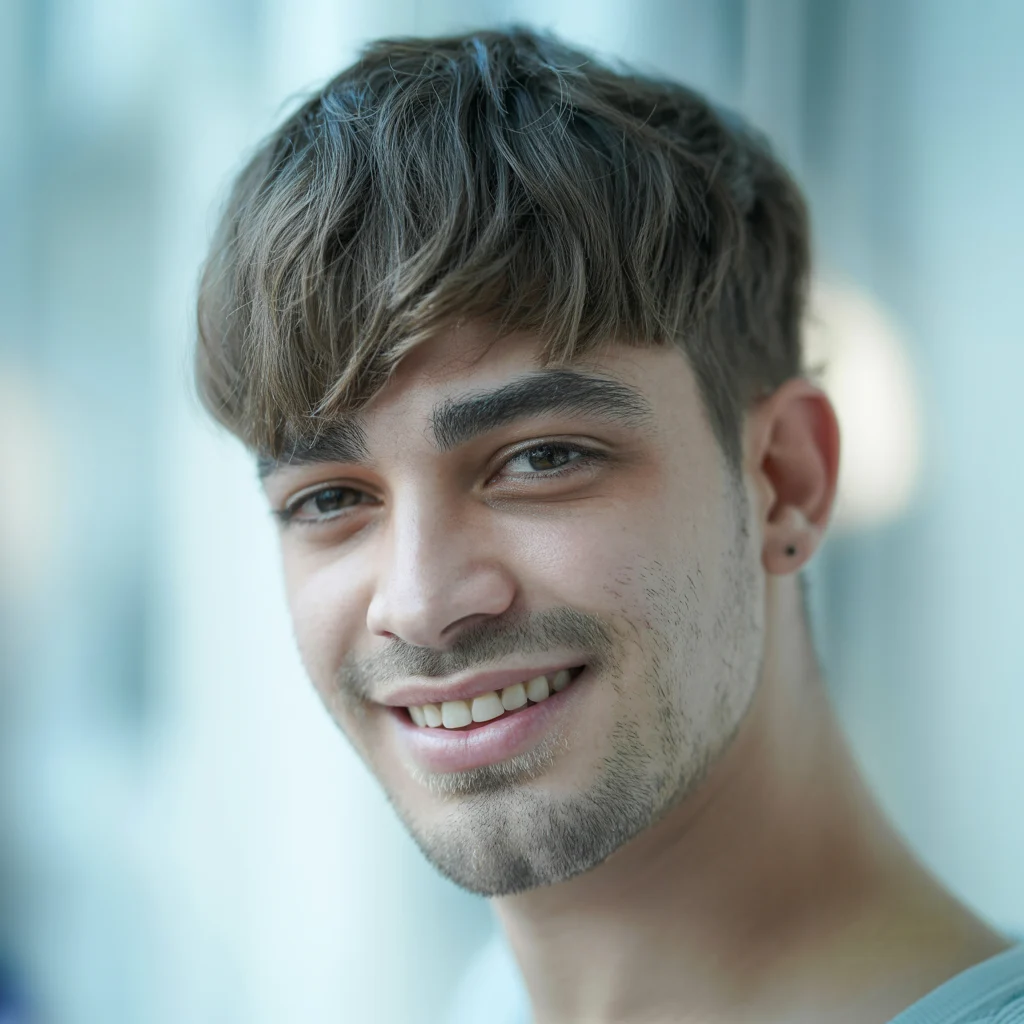 Textured fringe lowfade - young man with layered textured fringe transformation