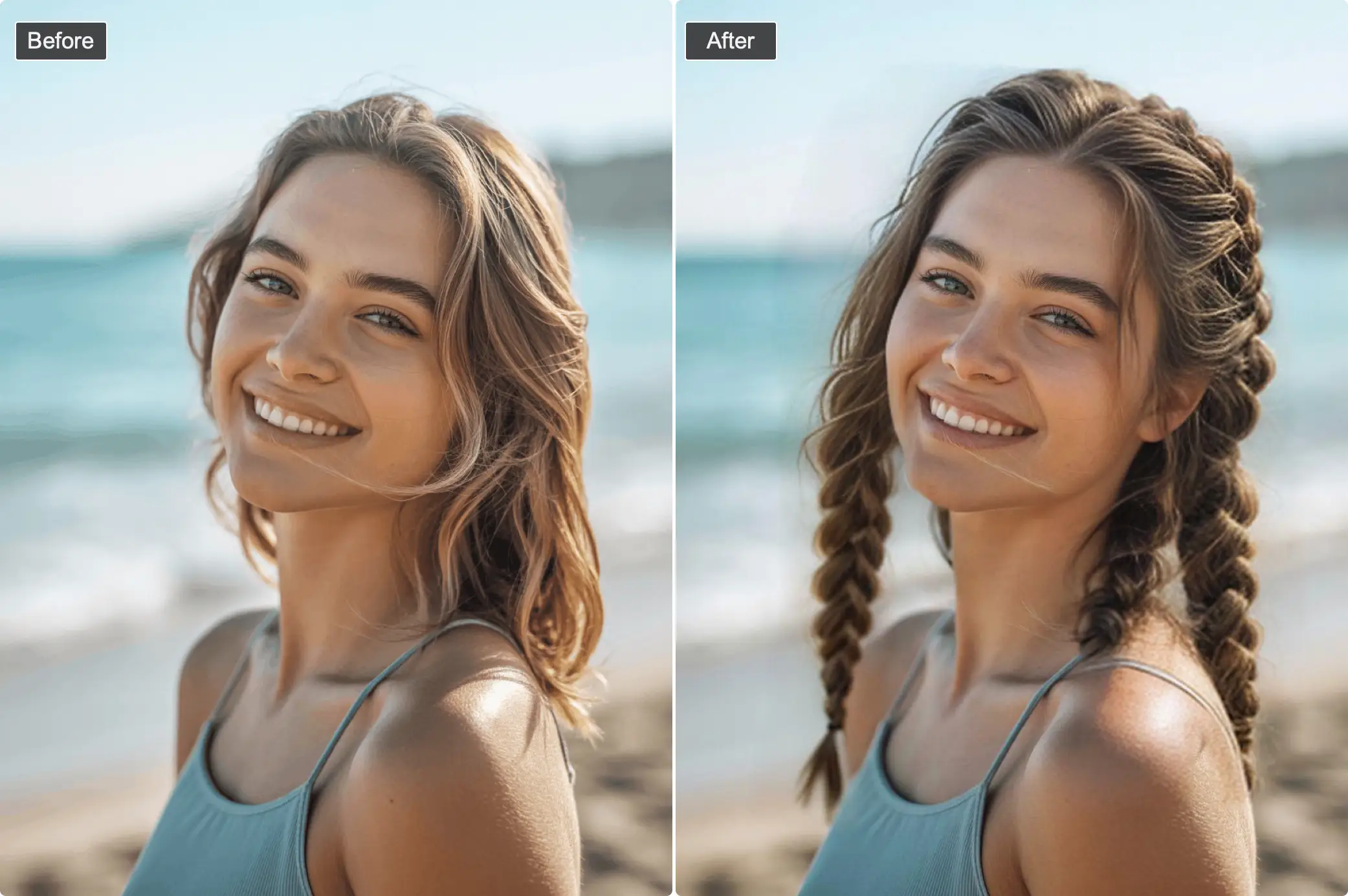 twin braid transformation - woman before and after with braids